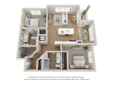 Floor plan for 2 beds, 2 baths, 1229 sqft
